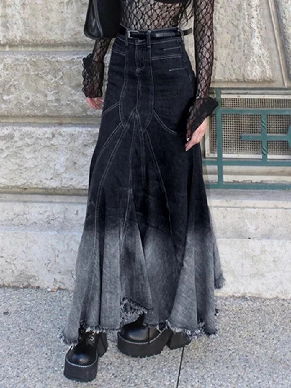 Vintage Ombre Splice Raw Hem Mermaid Denim Maxi Skirt denim skirt classic