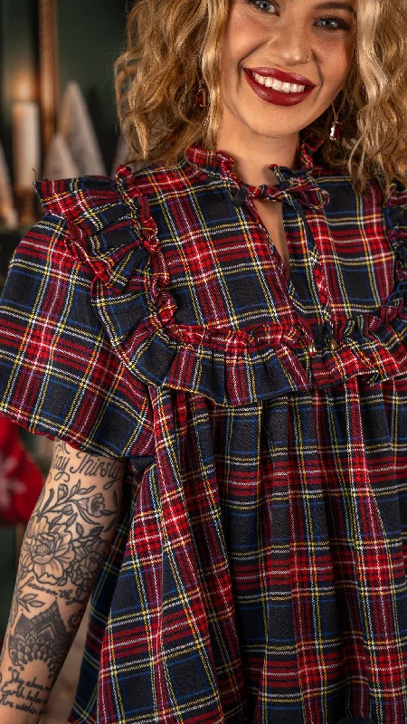 Viola Navy Plaid Ruffle Blouse Feminine Pastel Blouse
