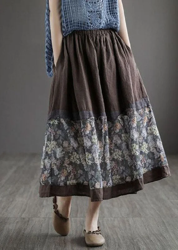 Women Coffee Wrinkled Pockets Print Patchwork Linen Skirt Summer velvet skirt plush