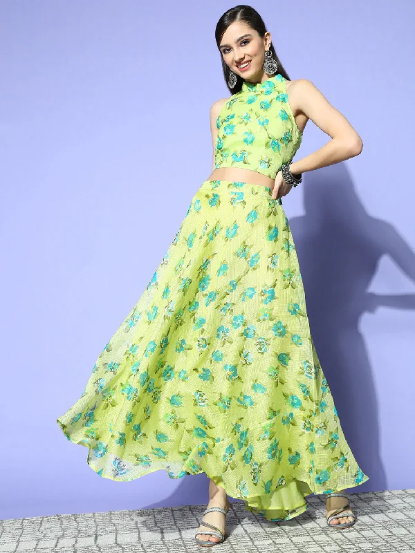 Women's Pure Cotton Green Foral Printed Top And Skirt Set - Yufta a-line skirt cut