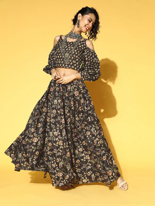 Women's Black & Beige Printed Pure Cotton Top & Skirt - Yufta chiffon skirt flowing