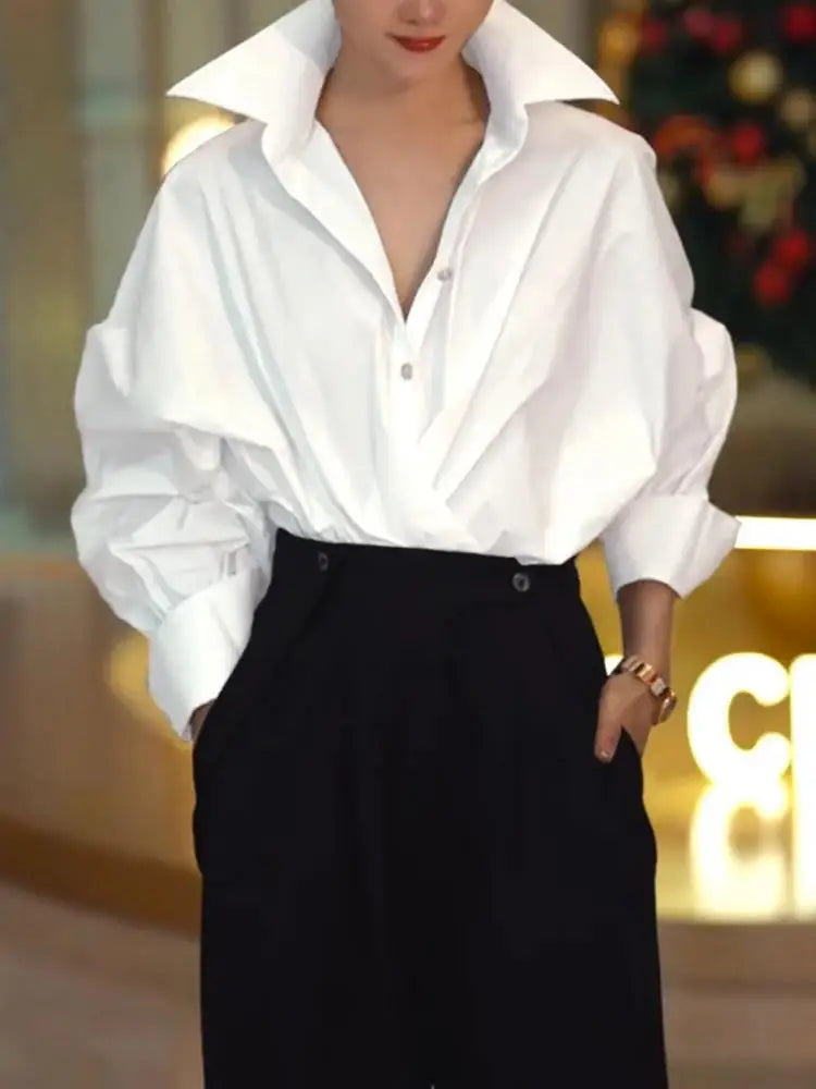 Women's Batwing Lapel Fashion Designer Blouse Long-Sleeve Tops Slim Fit Blouse