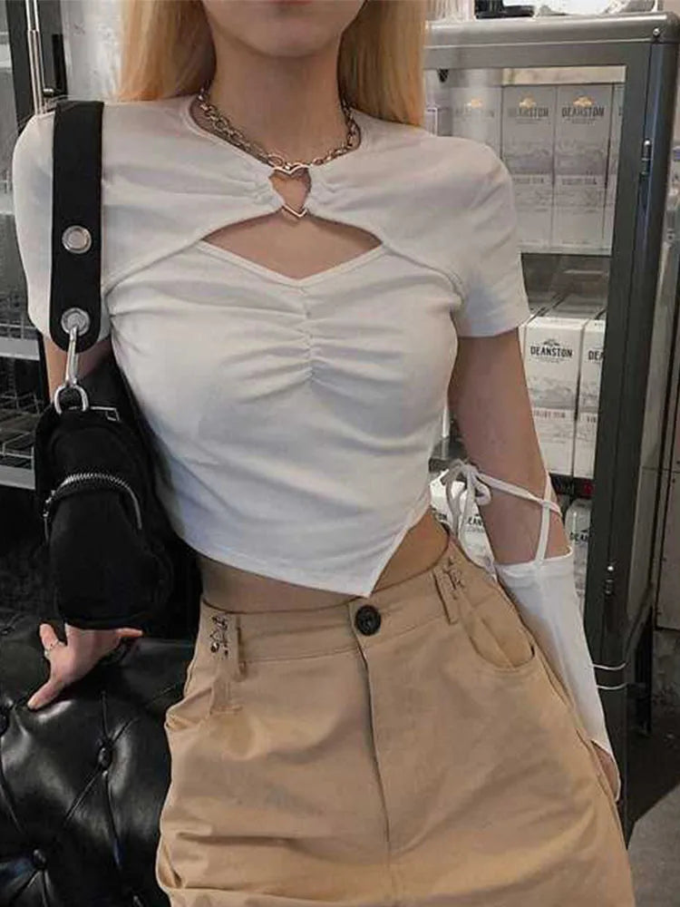 Women's Blouses Asymmetrical Hallow Out Tops Fashion Designer T-Shirts Wrap Front Blouse