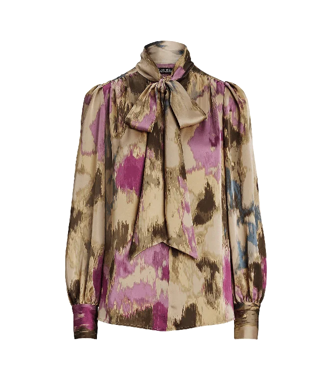 Floral Satin Charmeuse Tie-neck Blouse - Multi Sleeveless Chiffon Blouse