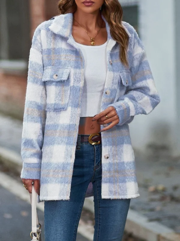 Woolen Blend Plaid Shacket Side Tie Blouse