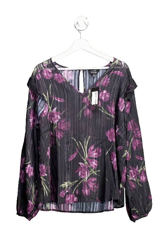 SimplyBe Black Sheer Stripe Blouse With Floral Print UK 24 Casual Button Blouse
