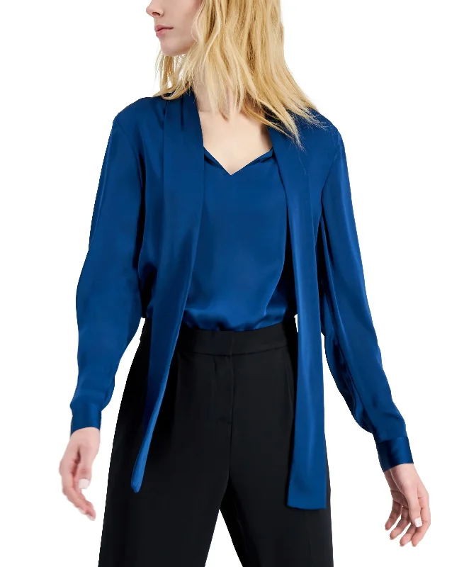 Anne Klein Tie Neck Long Sleeve Blouse Feminine Ruffle Blouse