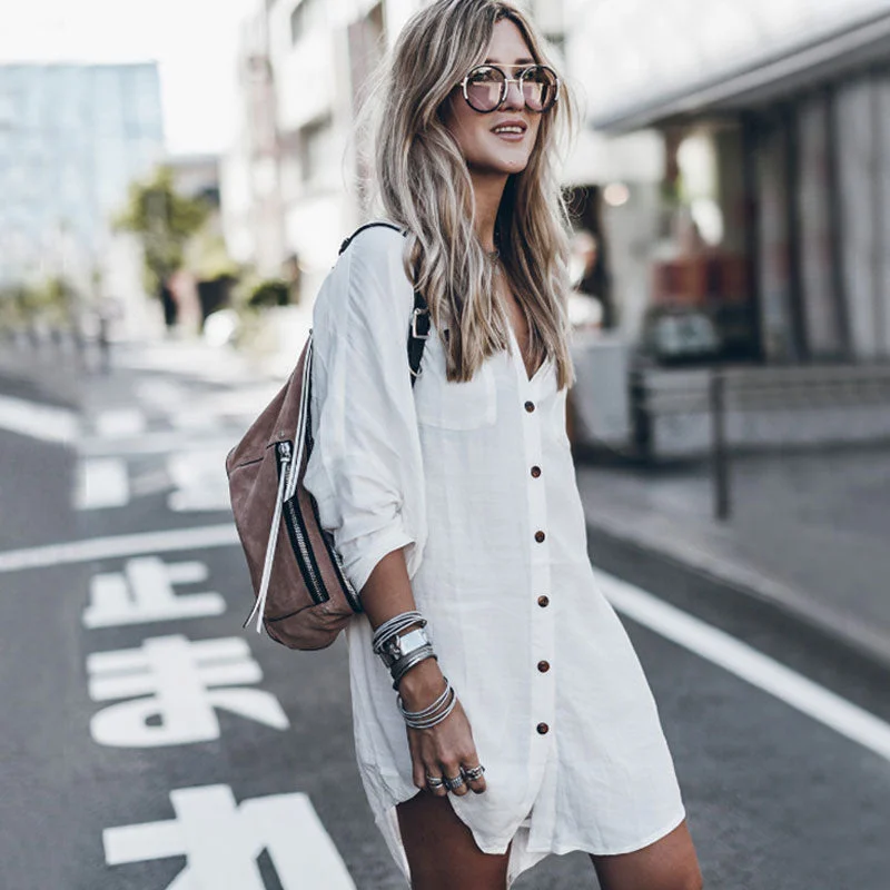 Asymmetric Long Sleeve Button Down Cover Up Blouse - White Chic Off-Shoulder Blouse