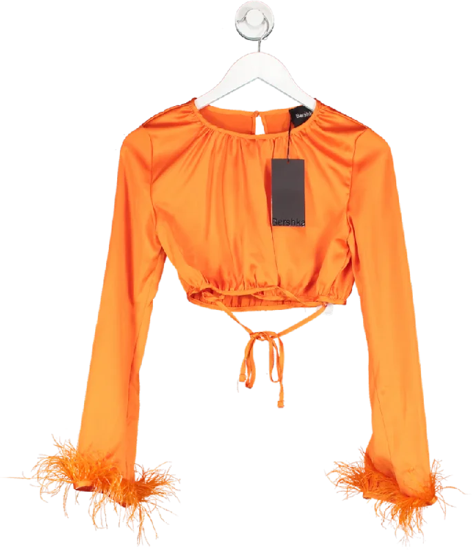Bershka Orange Cropped Satin Blouse With Feather Trim UK S Business Casual Blouse