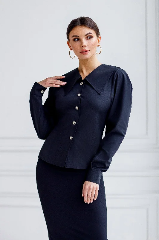 Black Puff Sleeve Collared Blouse Relaxed Fit Blouse