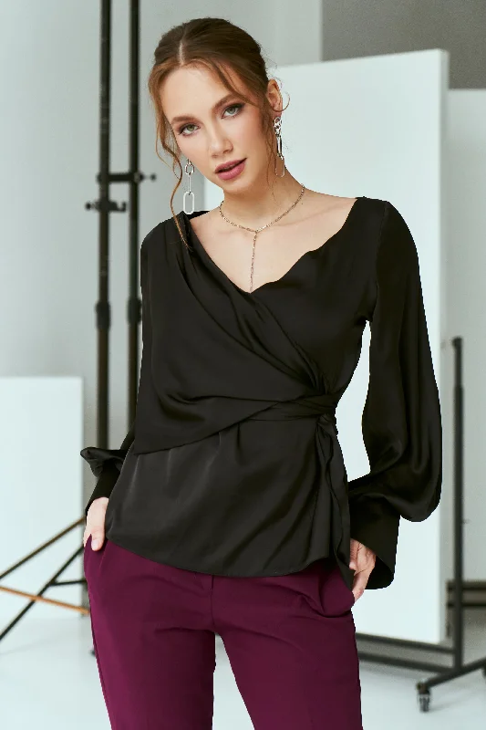 Black Silk Puff-Sleeve Wrap Blouse Classic Striped Blouse