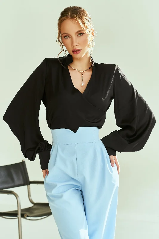 Black Silk Puff-Sleeve Wrap Blouse Smart Casual Blouse