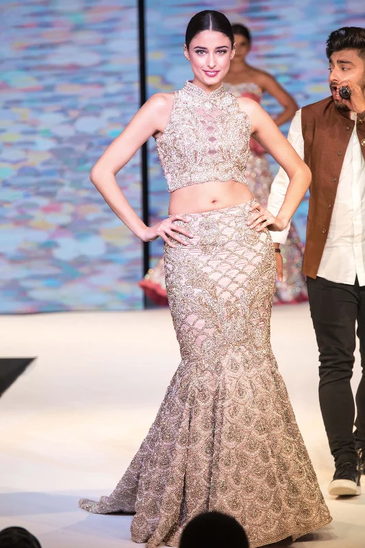 Lilac Fish-cut Bridal Lehenga with Halter Blouse Delicate Pleat Blouse