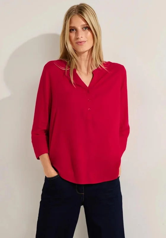 Cecil Notched Neckline Blouse, Casual Red Elegant Embroidery Blouse