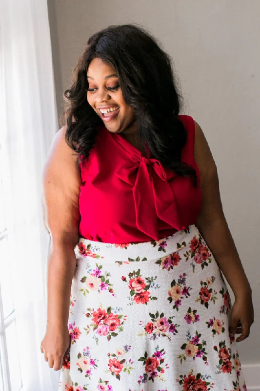 Sleeveless Bow Blouse - Red Textured Cotton Blouse