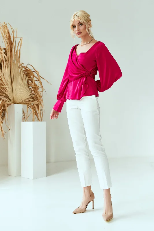 Crimson Silk Puff-Sleeve Wrap Blouse Puff Sleeve Blouse