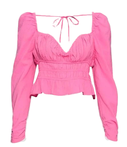 Free People Pink Ruched Blouse With Structured Sweetheart Neckline UK XS Sheer Sleeve Blouse