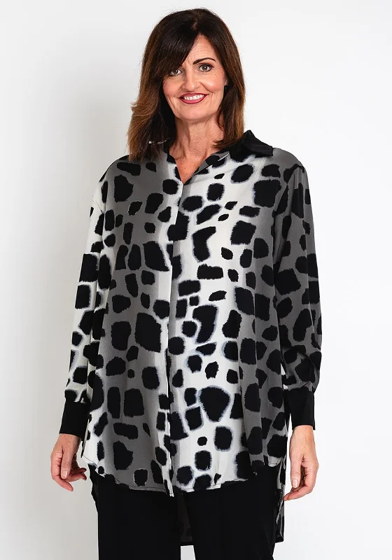 Natalia Collection One Size Abstract Print Tunic Blouse, Grey Elegant Silk Blouse