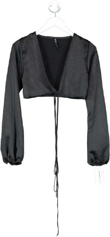 Motelrocks Black Long Sleeve Satin Tie Front Blouse UK S Double Button Blouse