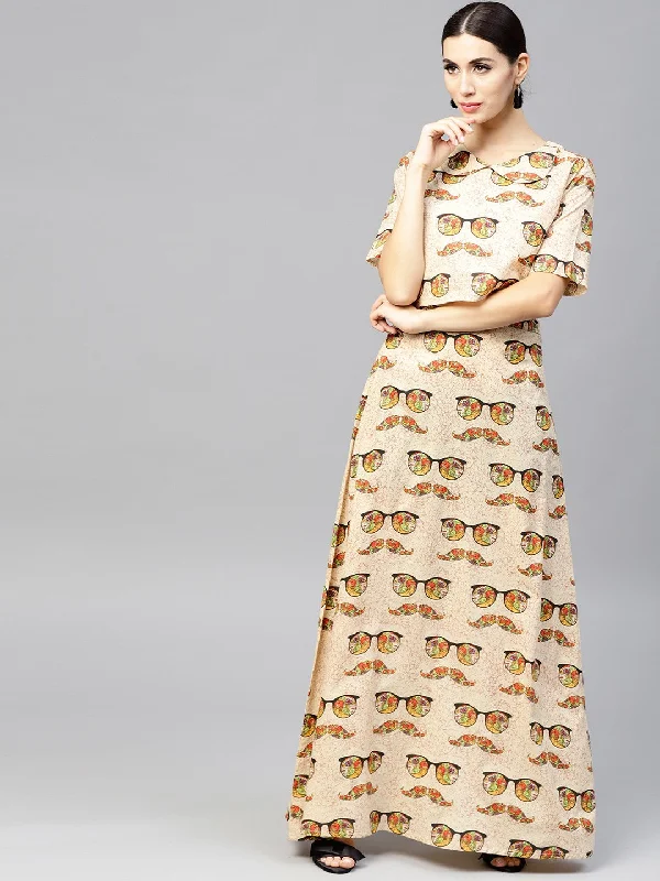 NOZ2TOZ Beige Printed Peter Pan Collar Blouse With Floor Length Flared Ion Skirt Chic Ruffle Blouse