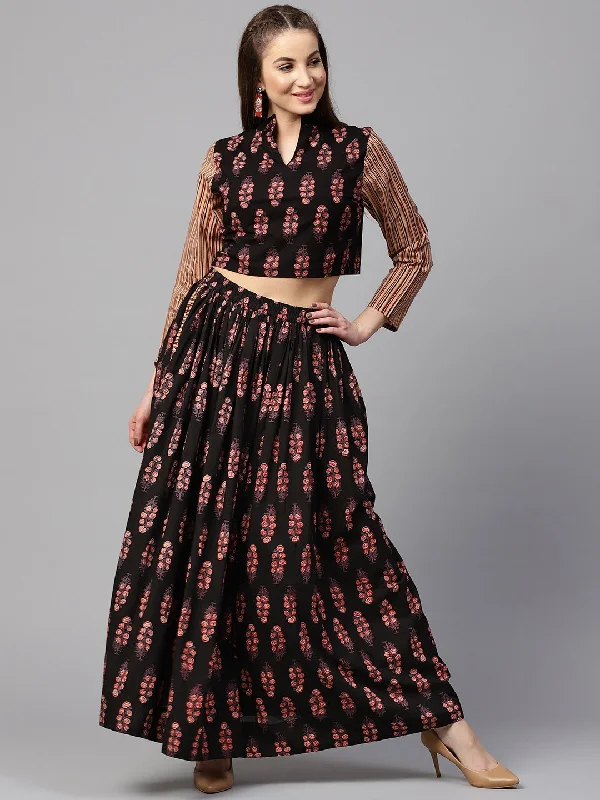NOZ2TOZ Black Printed 3/4Th Sleeve Blouse With Black Printed Flared Skirt Elegant Silk Blouse