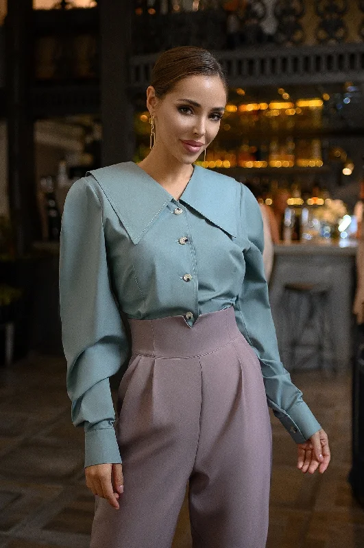 Olive Puff Sleeve Collared Blouse Boho Printed Blouse