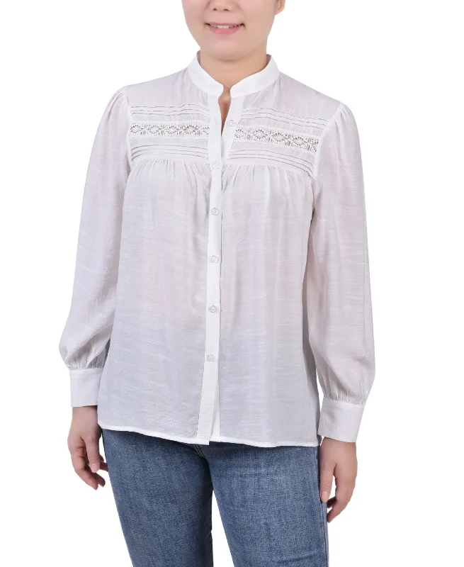 Petite Crochet Long Sleeve Blouse Casual Stripe Blouse