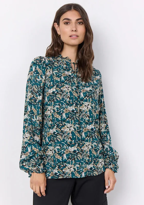Soyaconcept Frill Neckline Floral Print Blouse, Dark Green Peter Pan Blouse