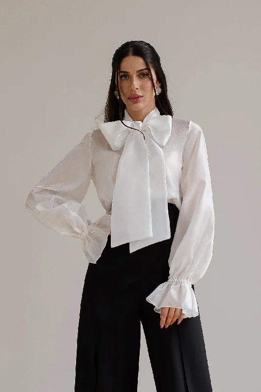 White Sheer Puff-Sleeve Blouse Stylish Wrap Blouse