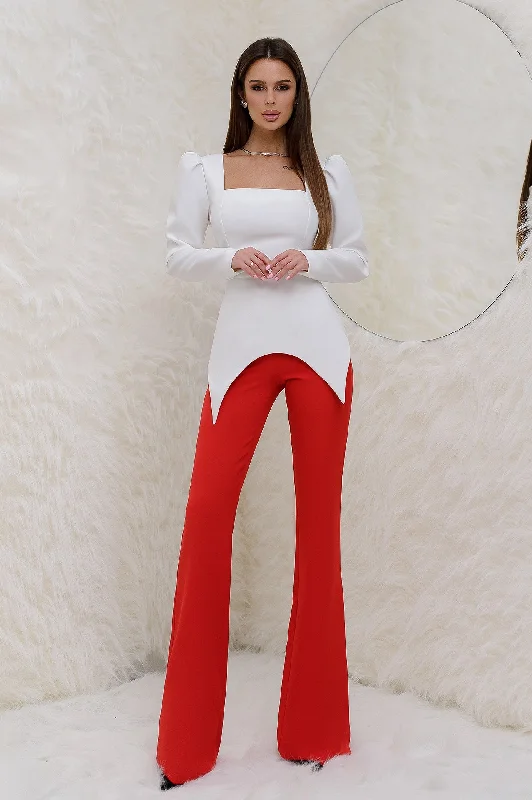 White Square Neck Puff Sleeve Blouse Chic Ruffle Blouse