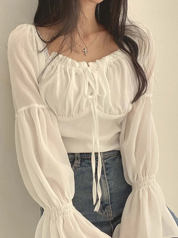Women's Drawstring Corset Fashion Designer Blouse Lantern Long-Sleeve Tops Feminine Satin Blouse