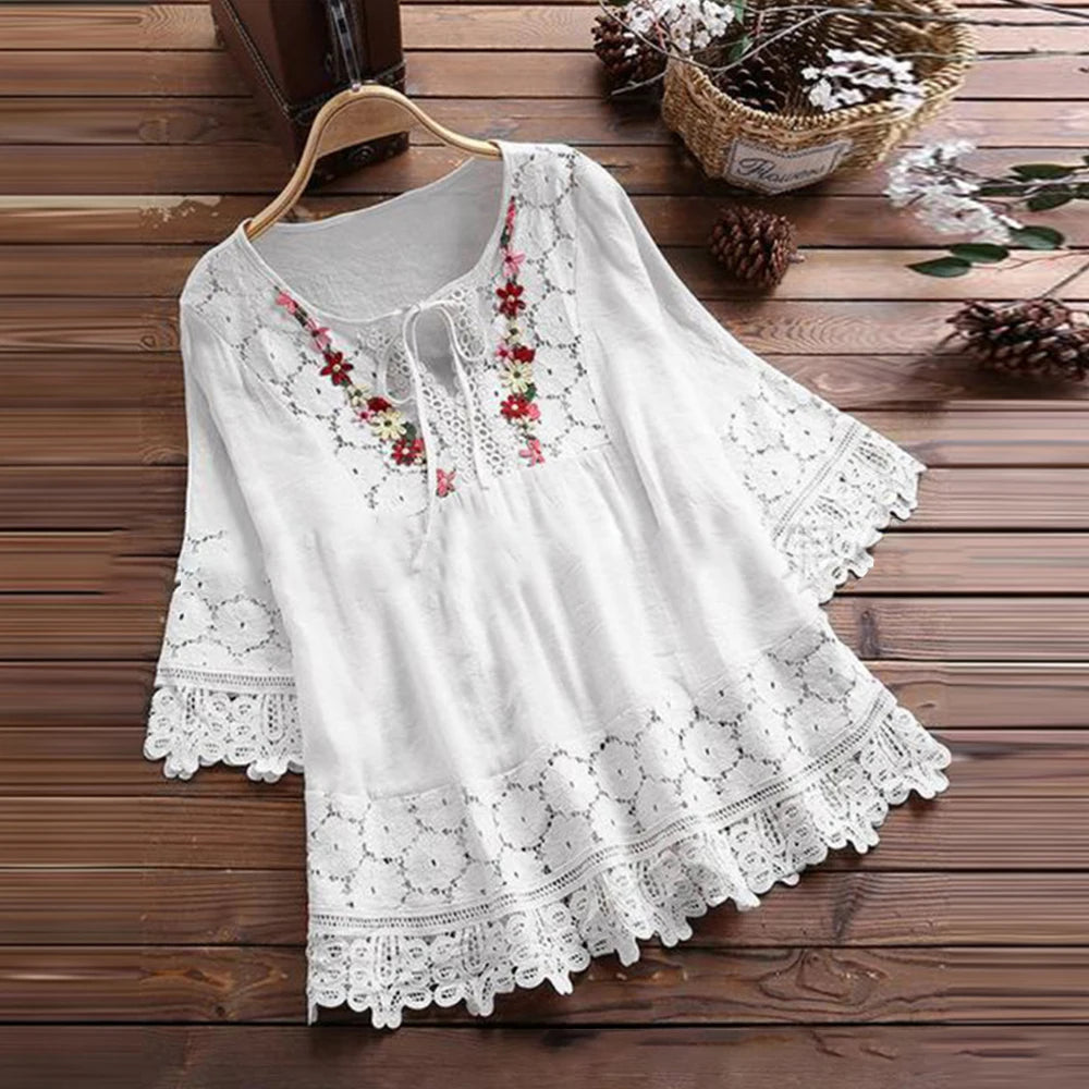 Women's Embroidered Floral 5XL Blouse Fashion Designer T-Shirts (Plus Size) Delicate Pleat Blouse
