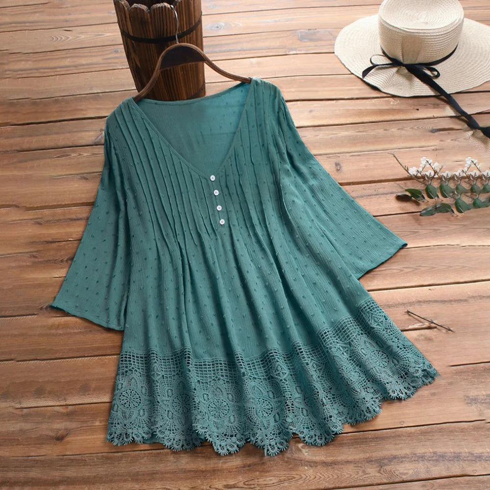 Women's Lace Trim Blouse 5XL V Neck Fashion Designer T-Shirts (Plus Size) Sweetheart Neck Blouse