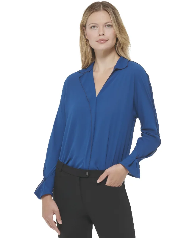 Women's Long Sleeve V-Neck Collared Blouse Stretchy Fitted Blouse