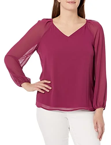 Womens Nine West Long Sleeve Bow Back Solid Blouse Elegant Semi-Sheer Blouse