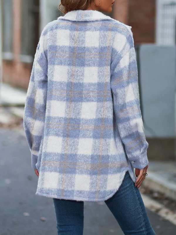 Women's Pink and Cream Plaid Shacket Chic Wrap Blouse